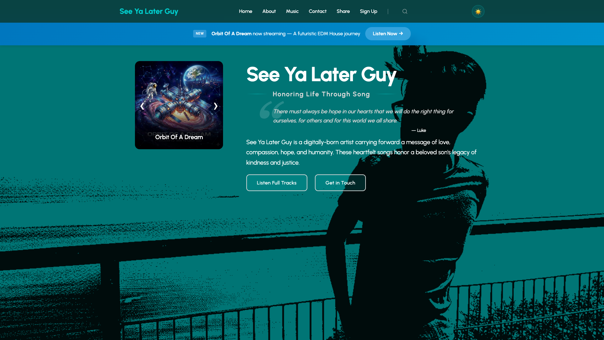 See Ya Later Guy music platform homepage showing audio player and album artwork