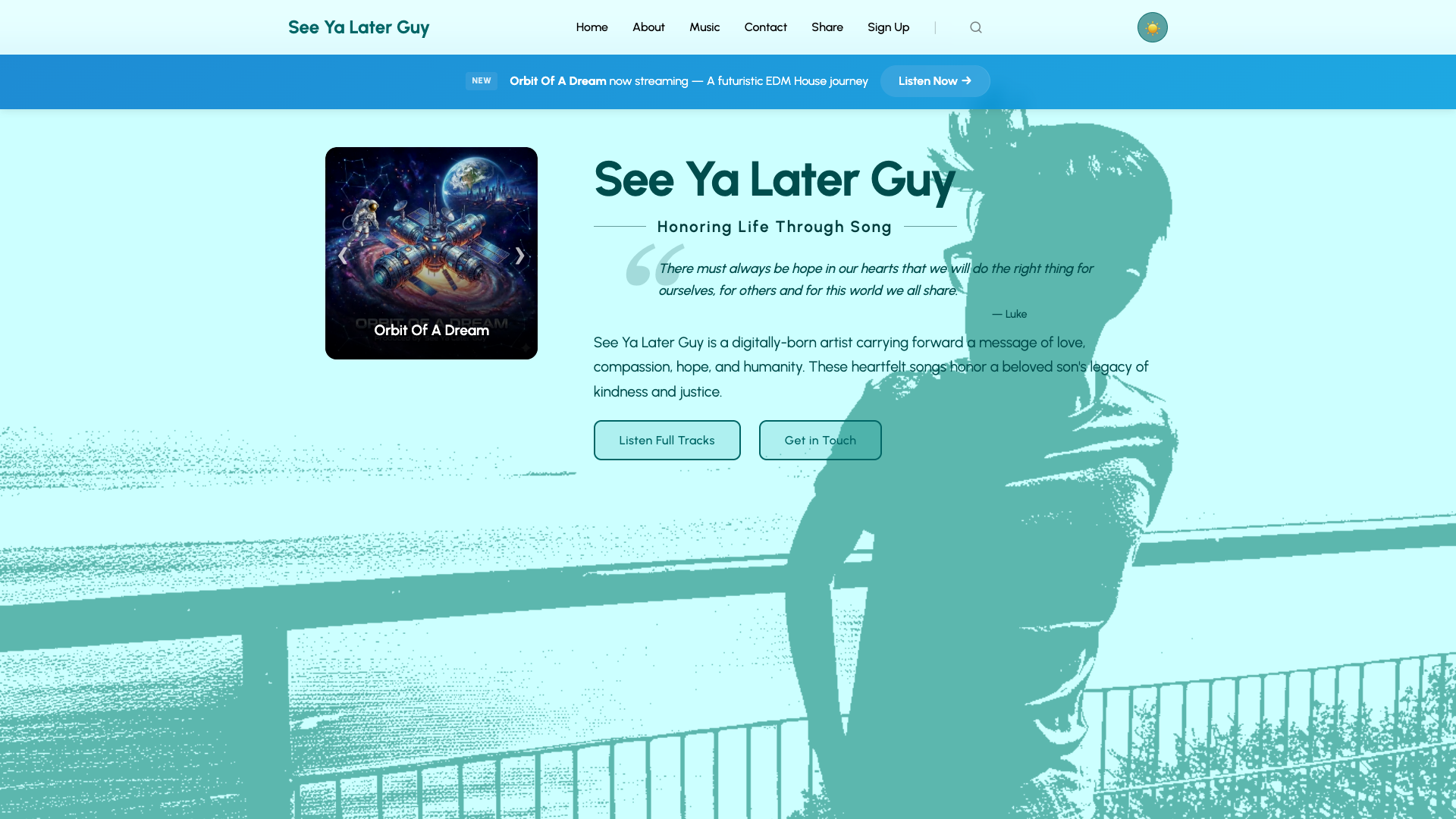 See Ya Later Guy music platform homepage showing audio player and album artwork