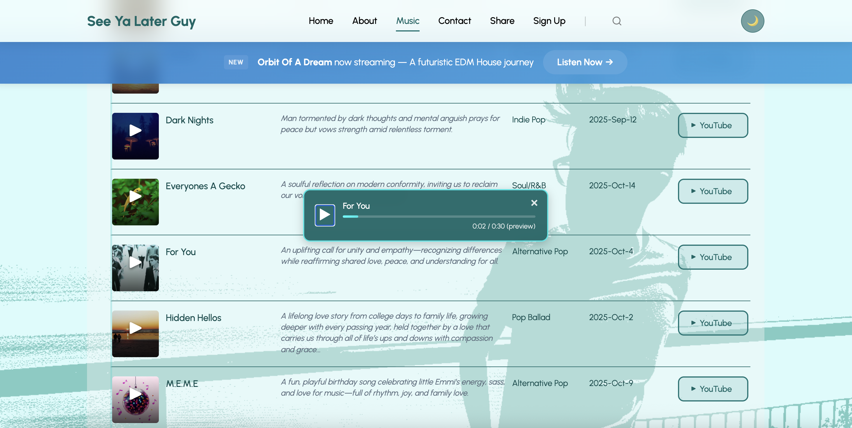 See Ya Later Guy music catalog showing track listings with play and YouTube buttons
